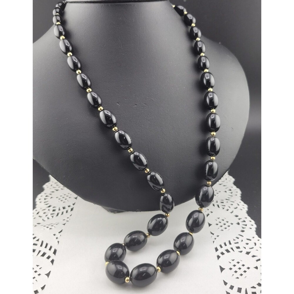 Vintage Signed Monet Long Black Graduated Lucite Bead 28" Necklace